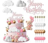 Set da 24 decorazioni per torte di compleanno con orsetti rosa, decorazioni a forma di nuvole, stelle e la scritta “Buon compleanno”, per la festa di battesimo di una bambina