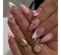 Set da 24 pezzi di adesivi per unghie a forma di mandorla con sfumature di rosa e bianco, decorati con fiori 3D e perle, include smalto gel e lima per unghie, adatto per ragazze e donne per uso quotid