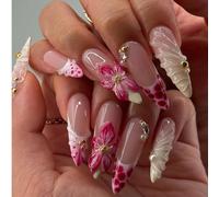 Set da 24 pezzi di unghie finte a mandorla in stile francese, con decorazioni floreali e a pois in rosa sfumato, stile elegante e oceanico, con 1 gel trasparente e 1 lima per unghie, romantico e dolce
