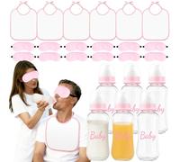 Set da 24 pezzi per baby shower, gioco di alimentazione per bambini, con 6 bottiglie di plastica, 6 bavaglini e 12 maschere per gli occhi, per adulti, ragazzi, ragazze (rosa)