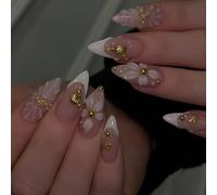 Set da 24 unghie a mandorla eleganti e luccicanti da applicare, con design a gradiente, onde 3D, conchiglia, stella marina, fiore e perla. Include smalto gel e lima per unghie, ideale per ragazze/donn