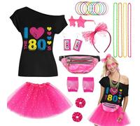 Set da 25 pezzi anni '80, costume da donna anni '80 anni '90, con maglietta tutù, marsupio, orecchini a rete, fasce per capelli, fasce per capelli, accessori retrò anni '80, accessori per feste di