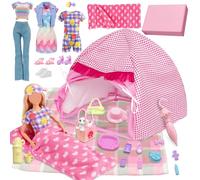 Set da 28 tende da campeggio da viaggio per bambole, compatibile con Barbie, accessori per bambole da 28 cm con 1 tenda per bambole, 1 sacco a pelo, 3 vestiti, 1 tappetino da picnic, 10 articoli per