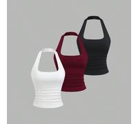 Set da 3 canotte da donna primavera/estate casual da vacanza comode e versatili con scollo a U e vestibilità slim, nero/bianco/caffè L,M,S,XL,XSColore unicoTessuto in maglia