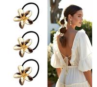 Set Da 3 Elastici Gioiello Donna Per Capelli Con Placca A Fiore Dorata - Accessori In Metallo Oro - Fermacoda Eleganti