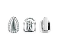 Set da 3 Grillz Combinati | Grillz Alla Moda In Oro Cavo con Esclusivi Motivi Traforati | Caps Singoli e A Due Denti con Pietre per Le Feste(Silver)
