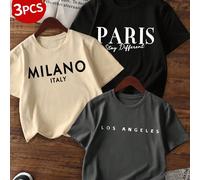 Set da 3 magliette a girocollo a maniche corte con stampa casual per ragazze pre-adolescenti, abbigliamento estivo per studenti - magliette colorate che portano gioia a ogni bambina, magliette con gra