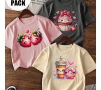 Set da 3 magliette a girocollo a maniche corte con stampa floreale casual per ragazze adolescenti, abbigliamento estivo per studenti giovani - una maglietta alla moda che porta gioia e felicità a ogni