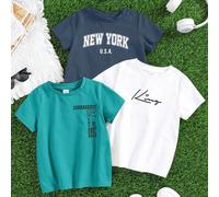 Set da 3 magliette a girocollo bambino con stampa grafica a lettere, casual, multipack, adatto per scuola e uso all'aperto, primavera/estate 6Y,7Y,4Y,5YTessuto in maglia