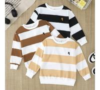 Set da 3 magliette a maniche lunghe a righe per ragazzi - con design a righe tricolore accuratamente selezionato con ricamo elegante di un cavallo, che mostra una personalizzazione unica. Righe blu, v