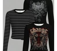 Set da 3 magliette a maniche lunghe e girocollo, stile punk con stampe a croce e ali d'amore, in nero e grigio a righe, stile gotico Y2K, vintage grunge, punk, adatte per il ritorno a scuola, per raga