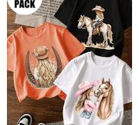 Set da 3 magliette casual a maniche corte con collo rotondo e stampa, abbigliamento estivo per studenti giovani - la maglietta con stampa di cavalli adorabile porta gioia e felicità a ogni bambino! 6Y