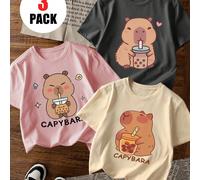 Set da 3 magliette casual a maniche corte con collo rotondo e stampa per ragazze, abbigliamento estivo per studenti e bambini, la maglietta con simpatica stampa di capibara porta gioia e felicità a og