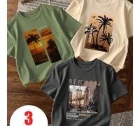 Set da 3 magliette casual a maniche corte con collo rotondo e stampa per ragazzi, abbigliamento estivo per studenti e giovani - la maglietta con stampa di palme al tramonto porta gioia e felicità a og