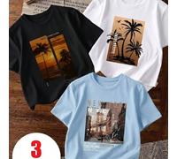 Set da 3 magliette casual a maniche corte con collo rotondo e stampa per ragazzi, abbigliamento estivo per studenti giovani - la maglietta con stampa di palme al tramonto porta gioia e felicità a ogni
