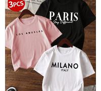 Set da 3 magliette casual a maniche corte con collo rotondo e stampe per ragazze pre-adolescenti, abbigliamento estivo per studenti - magliette colorate che portano gioia a ogni bambino! Top con grafi
