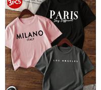 Set da 3 magliette casual a maniche corte con collo rotondo e stampe per ragazze pre-adolescenti, abbigliamento estivo per studenti - magliette colorate che portano gioia a ogni bambino! Top con grafi