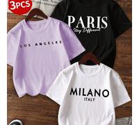Set da 3 magliette casual a maniche corte con collo rotondo e stampe per ragazze pre-adolescenti, abbigliamento estivo scolastico - magliette colorate che portano gioia a ogni bambino! Magliette grafi