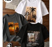 Set da 3 magliette casual a maniche corte con scollo rotondo e stampa per ragazzi, abbigliamento estivo per studenti e giovani - la maglietta con stampa di palme al tramonto porta gioia e felicità a o