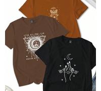 Set da 3 magliette casual da donna a maniche corte con stampa tema fede, sole e universo, adatte per primavera/estate L,M,S,XLGalassia,Geometrico,Lettere,Motivo strutturatoTessuto in maglia