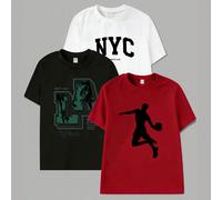 Set da 3 magliette estive casual da ragazzo con stampe di basket, Los Angeles e New York, collo rotondo, maniche corte 14Y,13Y,16Y,15YLettereTessuto