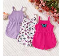 Set da 3 pagliaccetti per neonata con stampa a farfalla e coste semplici, senza maniche, con decorazioni a farfalla, completo casual estivo 6-9M,9-12M,12-18M,18-24M,2-3YAnimale,Colore unico,Piante,Far