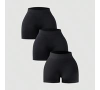 Set da 3 pantaloncini corti in jersey a costine neri per ragazze adolescenti, vita elastica, colore tinta unita vita alta, pantaloncini casual sportivi per uso quotidiano, indossabili dentro o fuori 1