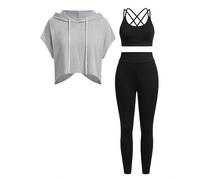 Set da 3 pezzi: 1 felpa ampia bianca con cappuccio, 1 canottiera aderente beige, 1 pantaloni aderenti beige, set da allenamento da donna con leggings L,M,S,XLBlocchi di colore,Colore unico,A strisceTe