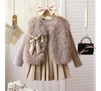 Set da 3 pezzi alla moda per ragazza giovane, composto da gilet, top lavorato a maglia a maniche lunghe e gonna in pelle a vita media, adatto per la primavera e l'autunno 6Y,7Y,4Y,5YBlocchi di coloreT