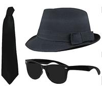 Set da 3 pezzi Brothers of Blues = di ILOVEFANCYDRESS®, cappello in feltro con diametro di 58 cm, occhiali da sole neri e cravatta nera