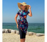 Set da 3 pezzi Burkini da donna con stampa floreale colorata, composto da top a maniche corte e pantaloni capri, ideale per vacanze romantiche in Medio Oriente L,M,S,XLPiante,stampa dappertuttoTessuto