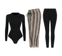 Set da 3 pezzi Burkini da donna con top a maniche lunghe, pantaloni lunghi e gonna lavorata a maglia, casual da isola, vacanza di alta gamma, conservativo, protezione solare per il surf L,M,S,XLGrafic