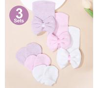 Set da 3 pezzi Cappello e guanti in maglia teneri e caldi per neonato 0-3M con fiocco, per uso quotidiano, carino e protettivo 0-3MColore unicoPoliestere