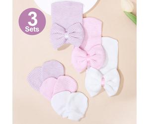Set da 3 pezzi Cappello e guanti in maglia teneri e caldi per neonato 0-3M con fiocco, per uso quotidiano, carino e protettivo 0-3MColore unicoPoliestere