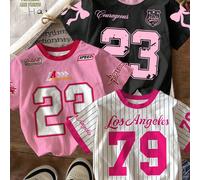 Set da 3 pezzi Casual e dolce per ragazze pre-adolescenti: Maglia con stampa fiocco e numero 23, Maglia da corsa con grafica numero 79 "Los Angeles", adatto per l'estate, il ritorno a scuola e la stag