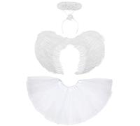 Set da 3 pezzi composto da ali d'angelo, aureola e tutù, di colore bianco, per costume da donna da angelo, fata e angelo caduto, per Halloween
