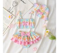 Set da 3 pezzi composto da body, reggiseno e pantaloni a triangolo con stampa a quadri, più cappello, per neonati/bambine, stile casual e carino 6-9M,9-12M,12-18M,18-24M,3-6MquadriPoliestere