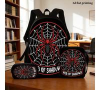 Set da 3 pezzi con stampa piatta 2D, distintivo a ragnatela rosso-nero, set di zaino pratico con motivo elegante, include una comoda borsa a tracolla e un portapenne, versatile per il lavoro e la scuo