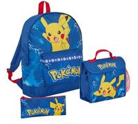 Set da 3 pezzi con zaino Pokemon + borsa per il pranzo + astuccio, motivo: Pikachu, Blu, Zaino