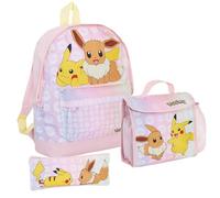 Set da 3 pezzi con zaino Pokemon + borsa per il pranzo + astuccio, motivo: Pikachu & Eevee, rosa, Zaino