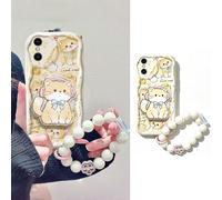 Set da 3 pezzi: Custodia per telefono con orecchie da gatto giallo crema e bordo ondulato + Supporto airbag con gatto arancione cartoni animati + Laccetto con perline a forma di fiore, copertura compl