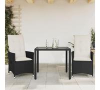 Set da 3 pezzi da bistrot con cuscino nero polyrattan, poltrona relax regolabile, tavolo in vetro 90 x 90 cm, set lounge impermeabile per giardino, balcone, terrazza
