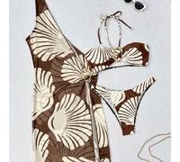 Set da 3 pezzi da donna per l'estate, composto da un copricostume di colore solido, sexy ed elegante, con spalle scoperte o monospalla, con stampa a conchiglie su tutto il capo e dettagli in metallo, 