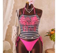 Set da 3 pezzi da donna taglie forti per vacanze e spiaggia, bikini sexy a due pezzi con spalline sottili e laccetti, colore unito, con canotta trasparente a righe e stampa a lettere 0XL,1XL,2XL,3XL,4