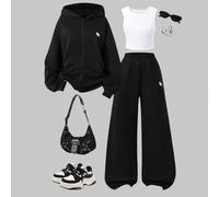 Set da 3 pezzi di abbigliamento casual per ragazze adolescenti, inclusi: felpa con cappuccio e chiusura lampo con stampa cavallo, canotta bianca e pantaloni a gamba dritta in vita elastica, autunno 14