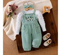Set da 3 pezzi di abbigliamento casual per ragazze, include: maglietta a maniche lunghe con costine e inserti, salopette con ricamo floreale e tasche, e fascia per capelli con fiocco 6Y,7Y,4Y,5YPiante