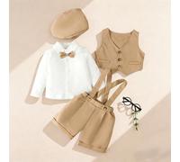 Set da 3 pezzi di abbigliamento da gentiluomo per bambino maschio, include camicia, pantaloni con bretelle e cappello, adatto per paggetto/testimone di nozze 6-9M,9-12M,12-18M,18-24M,2-3YColore unicoP