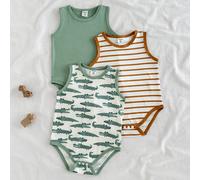 Set da 3 pezzi di body casual con stampa di coccodrillo verde e righe marroni, adatto per uso quotidiano, uscite e vacanze, primavera/estate 6-9M,9-12M,12-18M,18-24M,2-3YA striscePoliestere