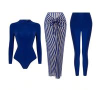 Set da 3 pezzi di burkini da donna per la spiaggia estiva, top a maniche lunghe di colore unito, pantaloni lunghi + gonna con spacco in tessuto speciale, abbigliamento da bagno arabo del Medio Oriente