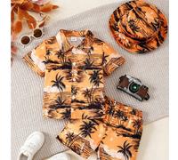 Set da 3 pezzi di camicia a maniche corte, pantaloncini e cappello con stampa da vacanza per ragazzi piccoli, moda minimalista e di , completo estivo best seller per bambini di età 2-5 anni 6Y,4Y,5Y,1